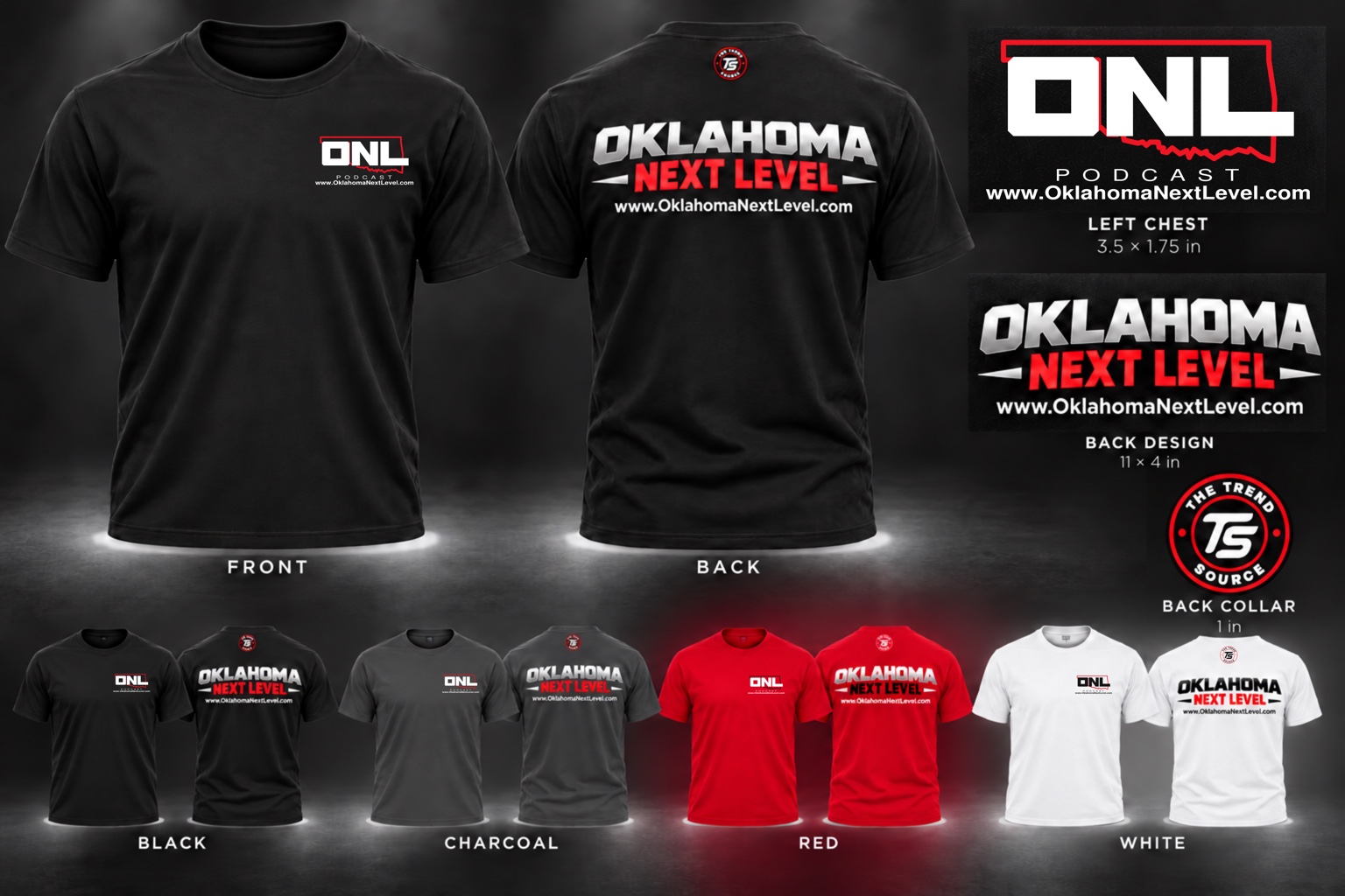 ONL T-shirts in black, charcoal, red, and white, showing front and back artwork